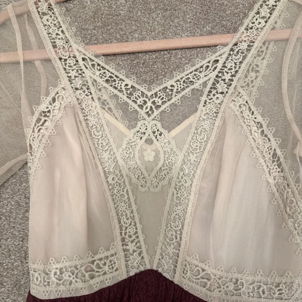 Free People Cream and Burgundy Long Sleeve Dress xs 2 Victorian lace Victoria - Picture 5 of 7